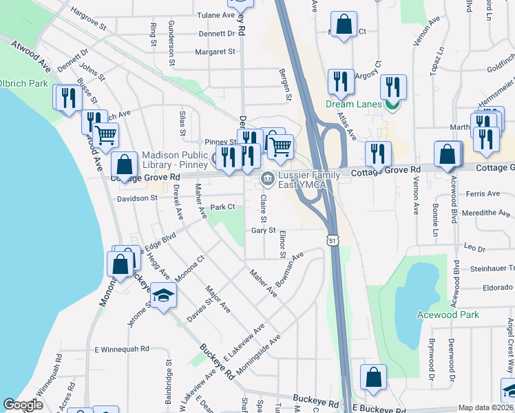 map of restaurants, bars, coffee shops, grocery stores, and more near 3906 Dempsey Road in Madison