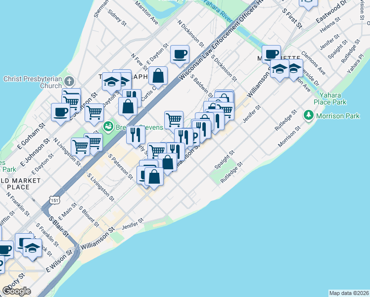 map of restaurants, bars, coffee shops, grocery stores, and more near 235 South Ingersoll Street in Madison