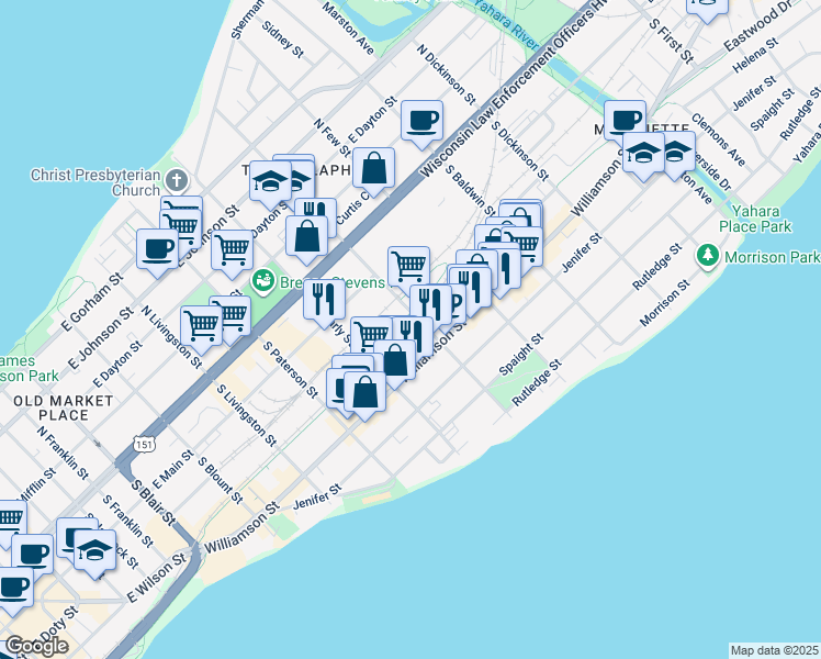 map of restaurants, bars, coffee shops, grocery stores, and more near 235 South Ingersoll Street in Madison