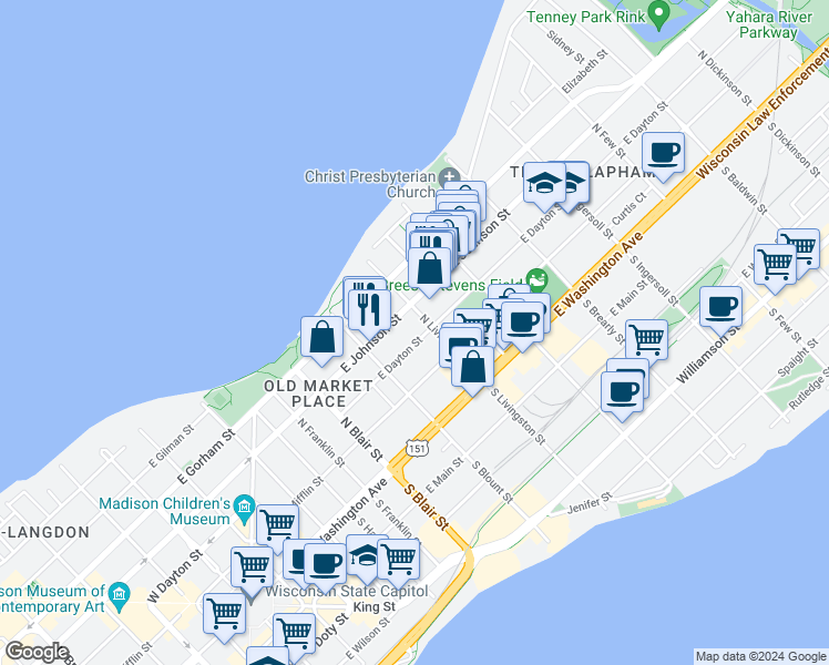 map of restaurants, bars, coffee shops, grocery stores, and more near 215 North Livingston Street in Madison