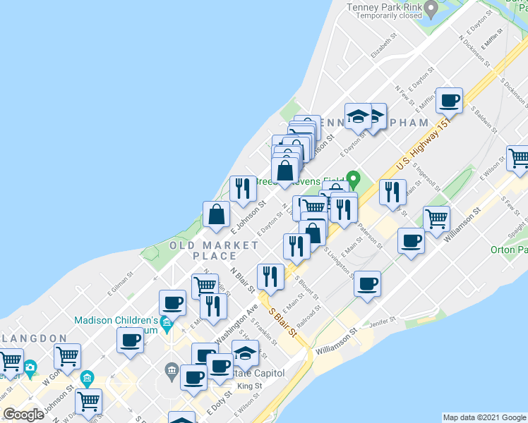 map of restaurants, bars, coffee shops, grocery stores, and more near 736 East Johnson Street in Madison