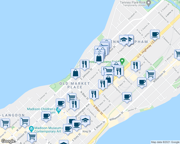 map of restaurants, bars, coffee shops, grocery stores, and more near 736 East Johnson Street in Madison