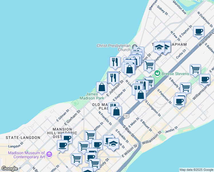 map of restaurants, bars, coffee shops, grocery stores, and more near 702 East Gorham Street in Madison