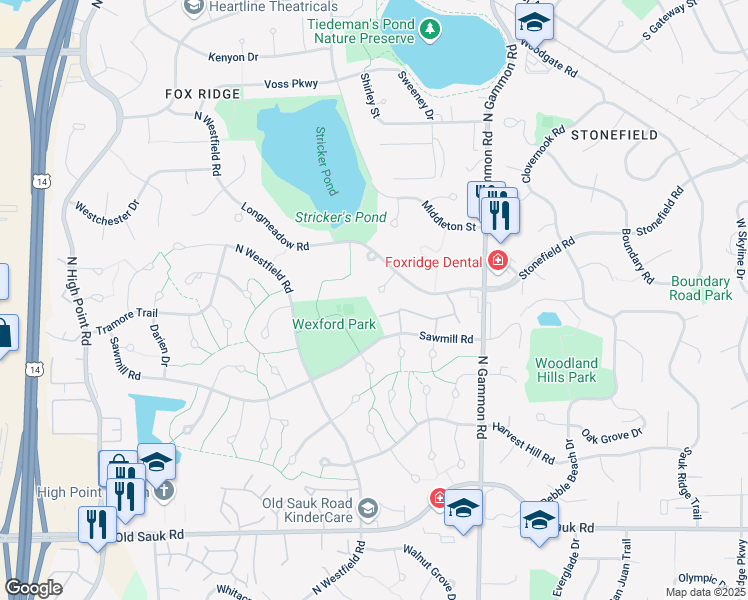 map of restaurants, bars, coffee shops, grocery stores, and more near 2 Longmeadow Circle in Madison