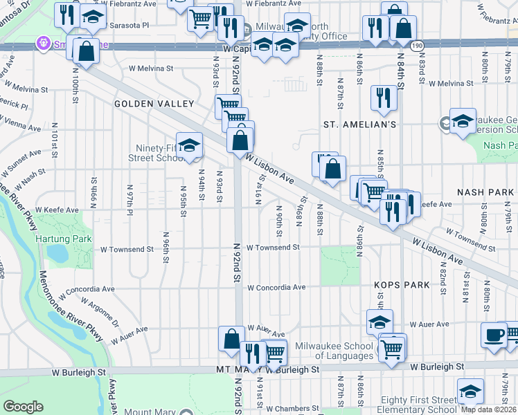 map of restaurants, bars, coffee shops, grocery stores, and more near North 91st Street in Milwaukee
