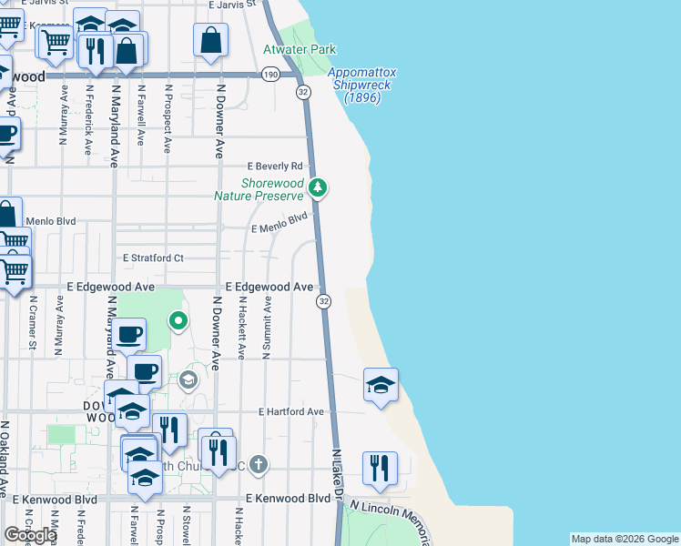 map of restaurants, bars, coffee shops, grocery stores, and more near 3510 North Lake Drive in Milwaukee