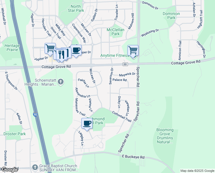 map of restaurants, bars, coffee shops, grocery stores, and more near 4325 Severson Drive in Madison