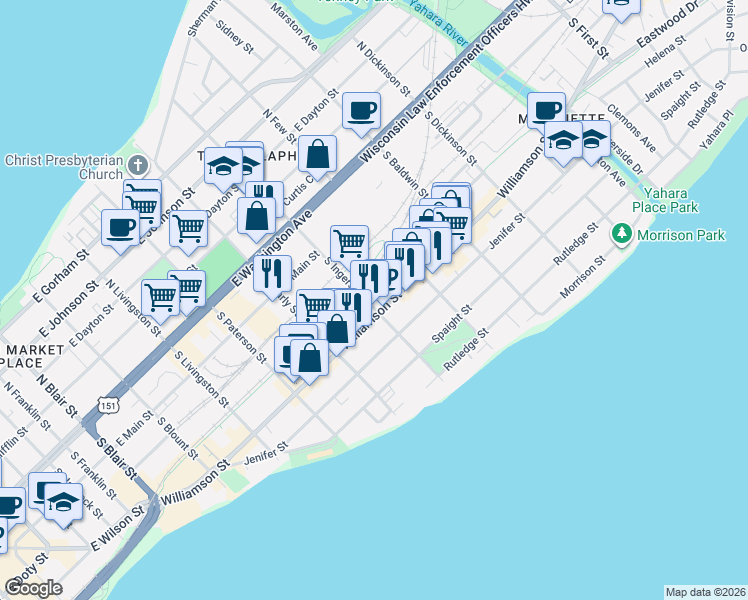 map of restaurants, bars, coffee shops, grocery stores, and more near 235 South Ingersoll Street in Madison