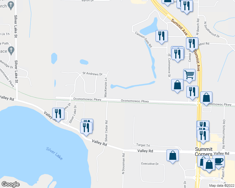 map of restaurants, bars, coffee shops, grocery stores, and more near 904 Oconomowoc Parkway in Oconomowoc