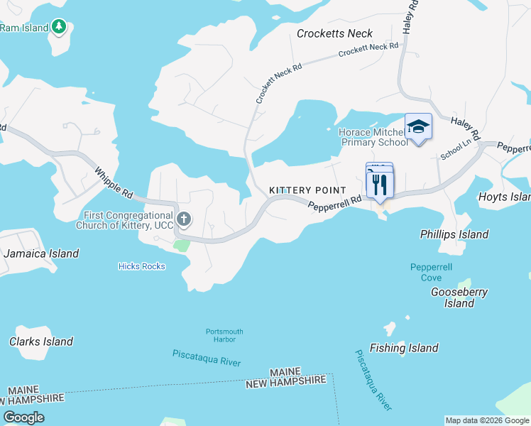 map of restaurants, bars, coffee shops, grocery stores, and more near Pepperrell Road in Kittery