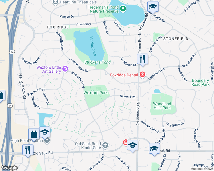 map of restaurants, bars, coffee shops, grocery stores, and more near 2 Longmeadow Circle in Madison