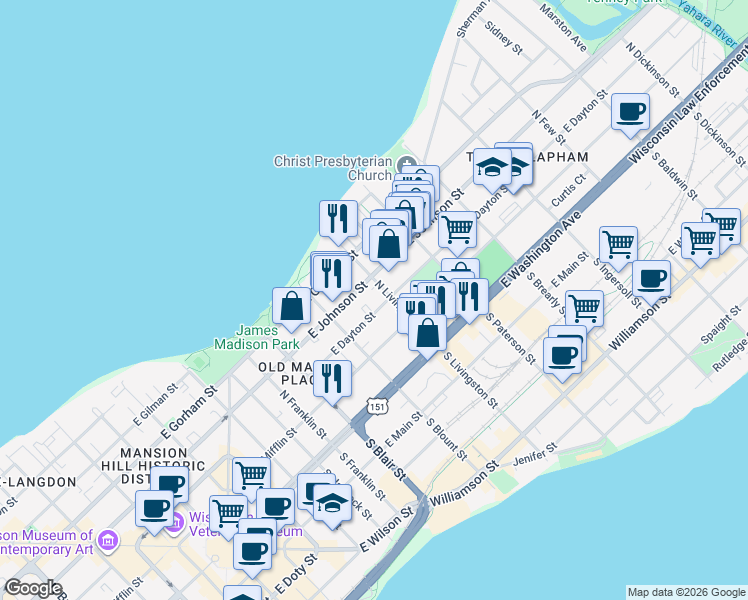 map of restaurants, bars, coffee shops, grocery stores, and more near 738 East Dayton Street in Madison