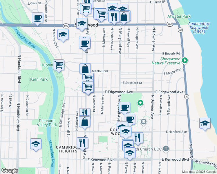 map of restaurants, bars, coffee shops, grocery stores, and more near 3515 North Frederick Avenue in Shorewood
