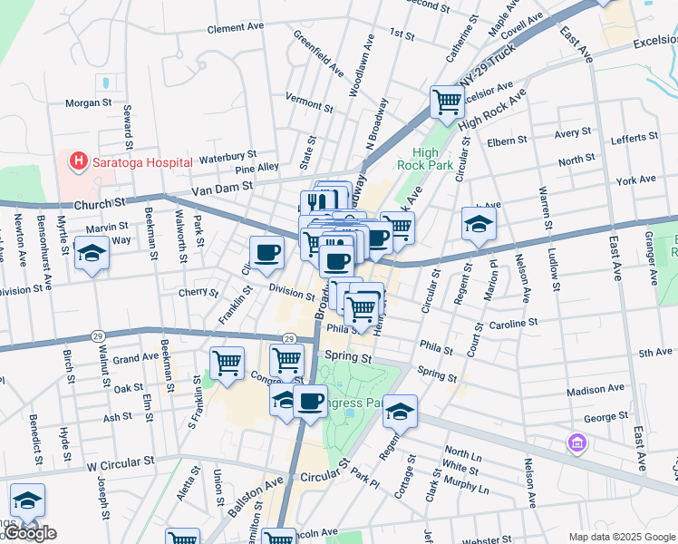 map of restaurants, bars, coffee shops, grocery stores, and more near 446 Broadway in Saratoga Springs