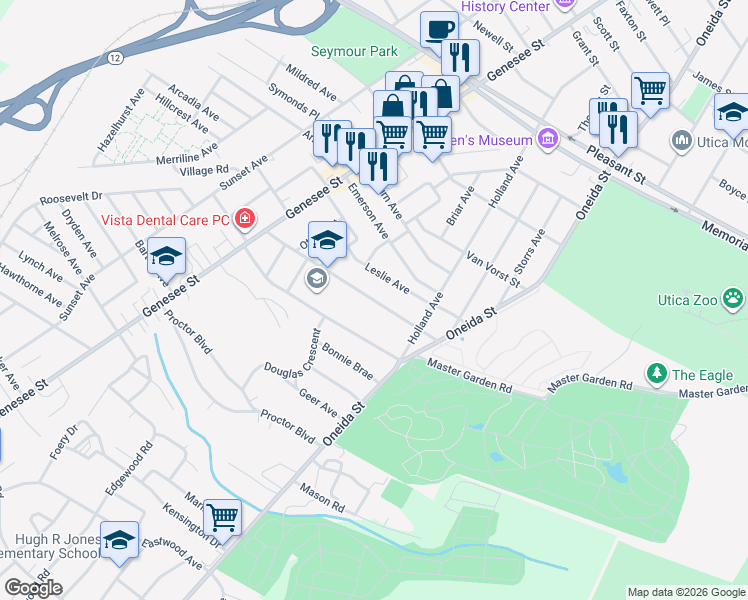 map of restaurants, bars, coffee shops, grocery stores, and more near 52 Prospect Street in Utica