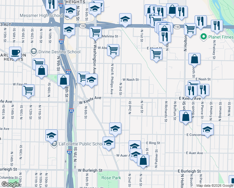 map of restaurants, bars, coffee shops, grocery stores, and more near 3538 North 3rd Street in Milwaukee