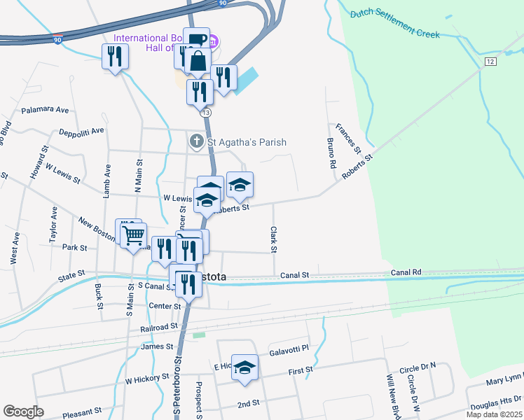 map of restaurants, bars, coffee shops, grocery stores, and more near 211 Roberts Street in Canastota