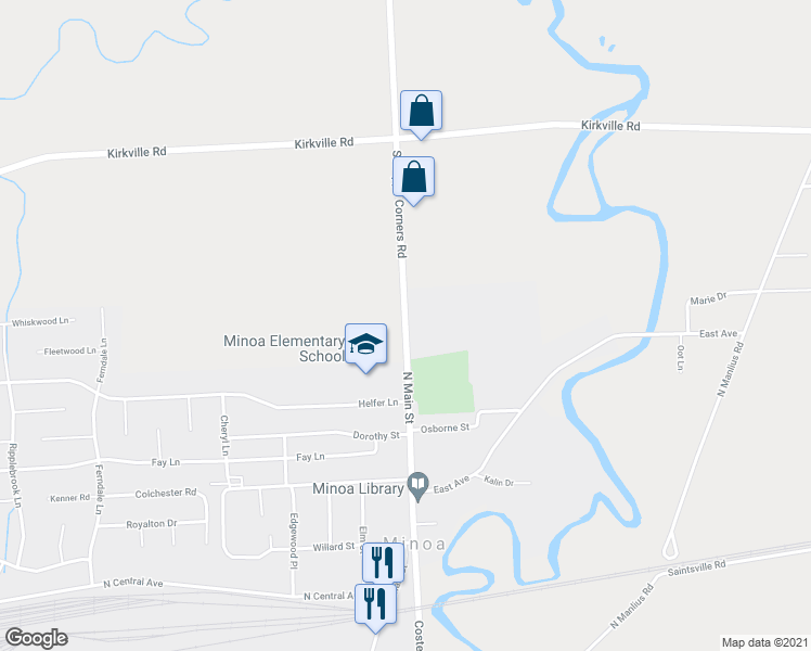 map of restaurants, bars, coffee shops, grocery stores, and more near 6400 Minoa Bridgeport Road in Minoa