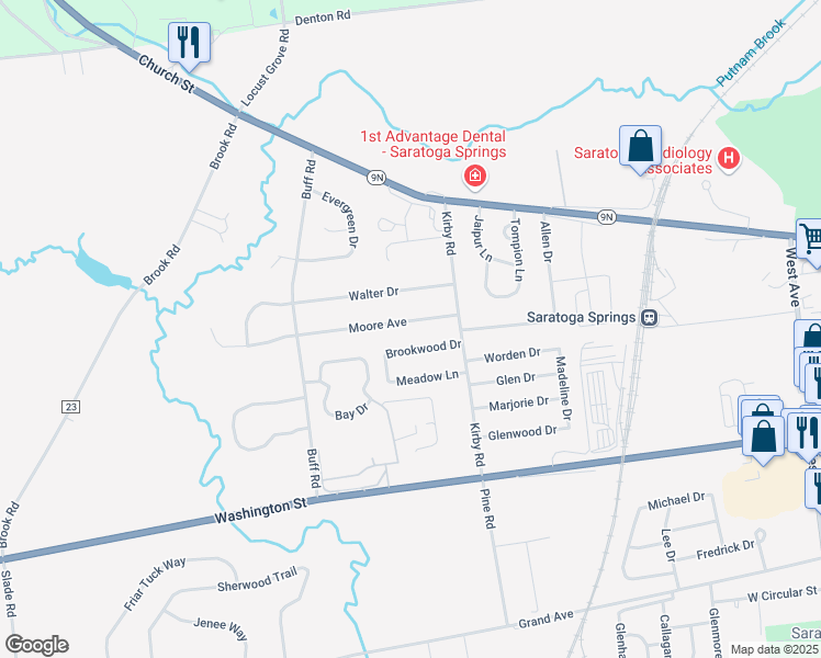 map of restaurants, bars, coffee shops, grocery stores, and more near 6 Moore Avenue in Saratoga Springs