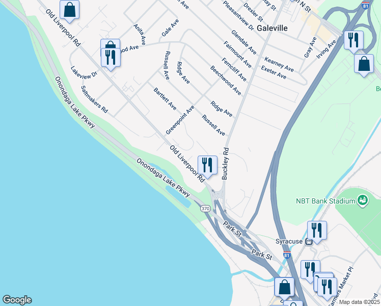 map of restaurants, bars, coffee shops, grocery stores, and more near 150 Old Liverpool Road in Salina