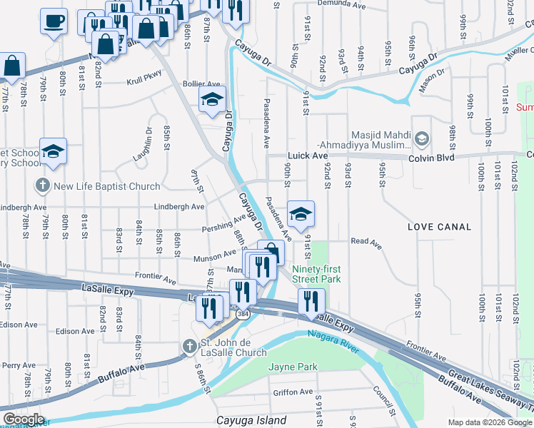 map of restaurants, bars, coffee shops, grocery stores, and more near 801 Pasadena Avenue in Niagara Falls