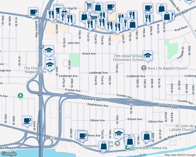 map of restaurants, bars, coffee shops, grocery stores, and more near 482 73rd Street in Niagara Falls