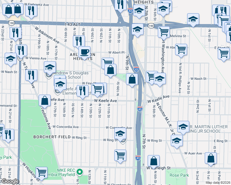 map of restaurants, bars, coffee shops, grocery stores, and more near 3557 North 10th Street in Milwaukee
