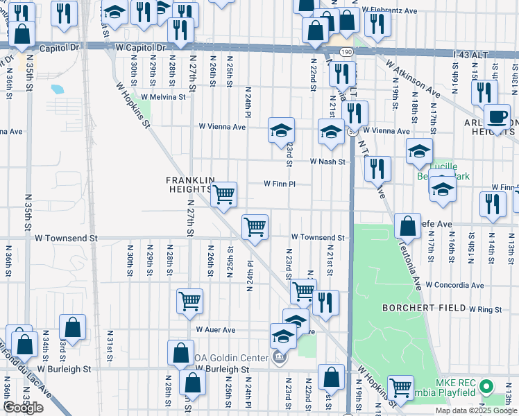 map of restaurants, bars, coffee shops, grocery stores, and more near 3520 North 24th Place in Milwaukee