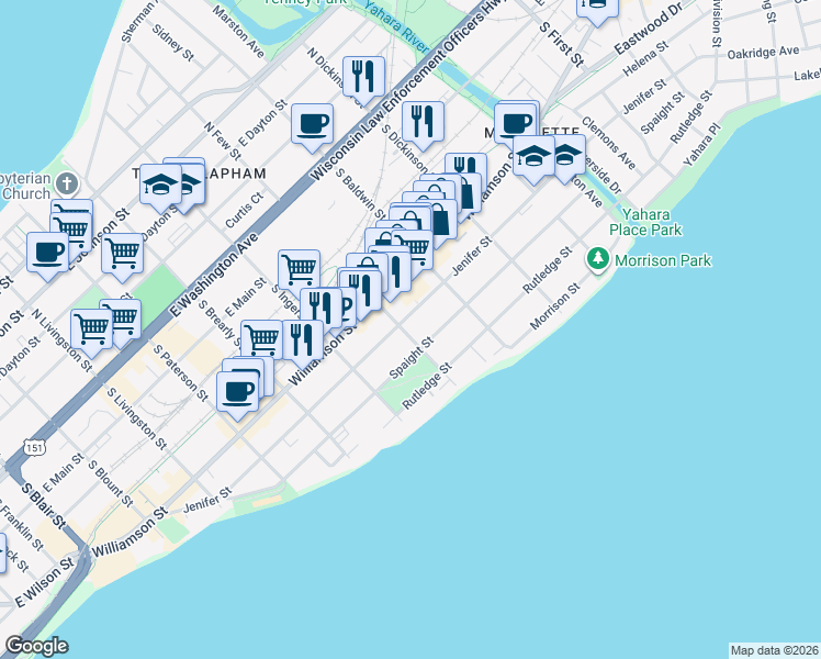 map of restaurants, bars, coffee shops, grocery stores, and more near 1223 Jenifer Street in Madison