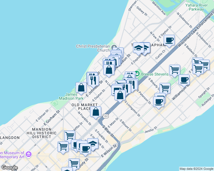 map of restaurants, bars, coffee shops, grocery stores, and more near 215 North Livingston Street in Madison