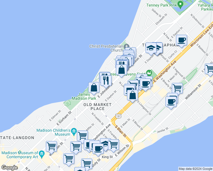 map of restaurants, bars, coffee shops, grocery stores, and more near 736 East Johnson Street in Madison