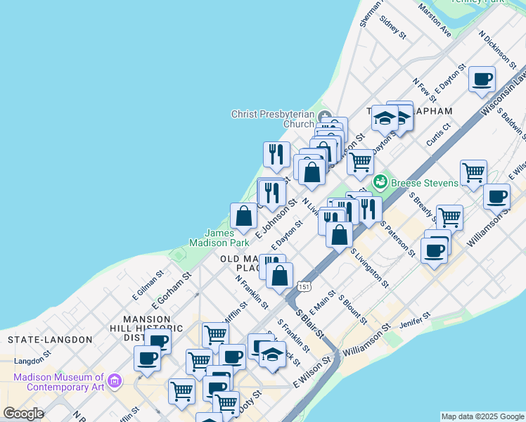 map of restaurants, bars, coffee shops, grocery stores, and more near 702 East Gorham Street in Madison