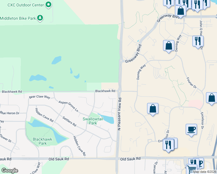 map of restaurants, bars, coffee shops, grocery stores, and more near 7082 Blackhawk Road in Middleton