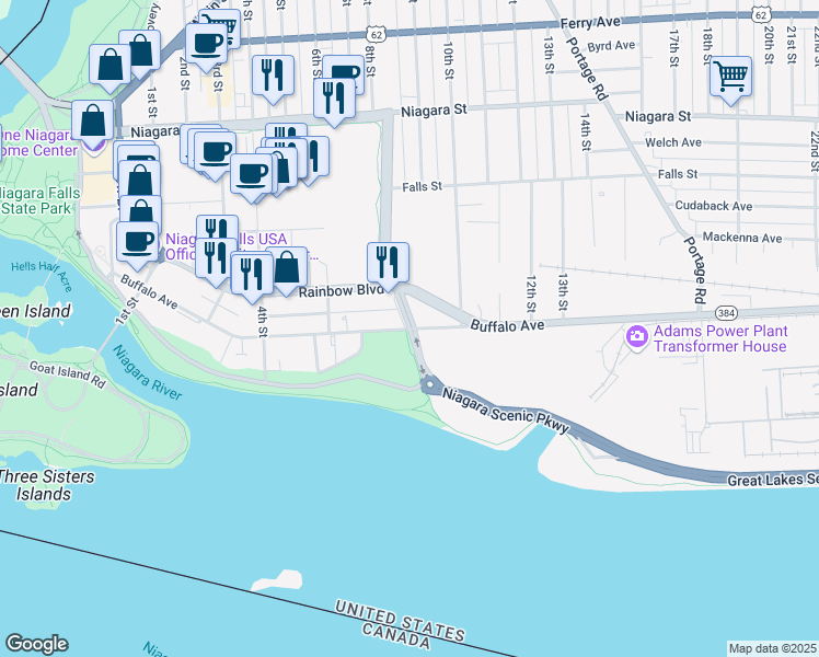 map of restaurants, bars, coffee shops, grocery stores, and more near Buffalo Avenue & John Daly Boulevard in Niagara Falls