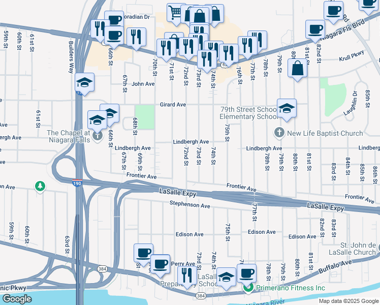 map of restaurants, bars, coffee shops, grocery stores, and more near 482 73rd Street in Niagara Falls