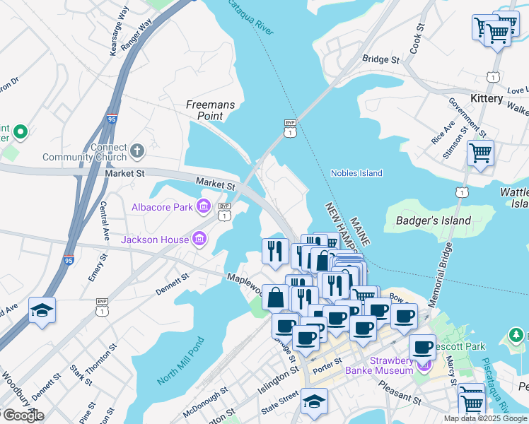 map of restaurants, bars, coffee shops, grocery stores, and more near 500 Market Street in Portsmouth