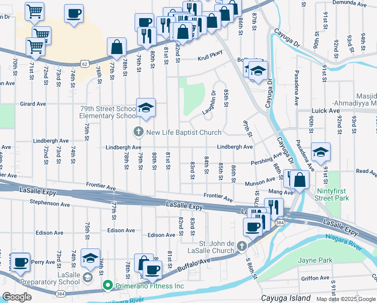 map of restaurants, bars, coffee shops, grocery stores, and more near 8306 Lindbergh Avenue in Niagara Falls
