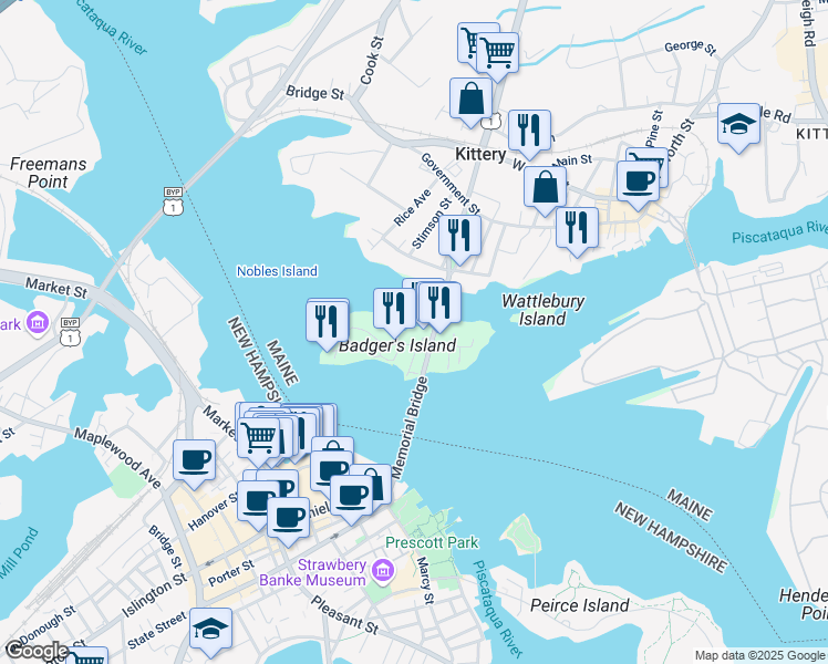 map of restaurants, bars, coffee shops, grocery stores, and more near 10 Badgers Island West in Kittery