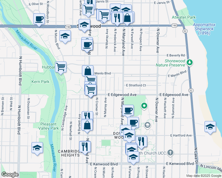 map of restaurants, bars, coffee shops, grocery stores, and more near in Shorewood