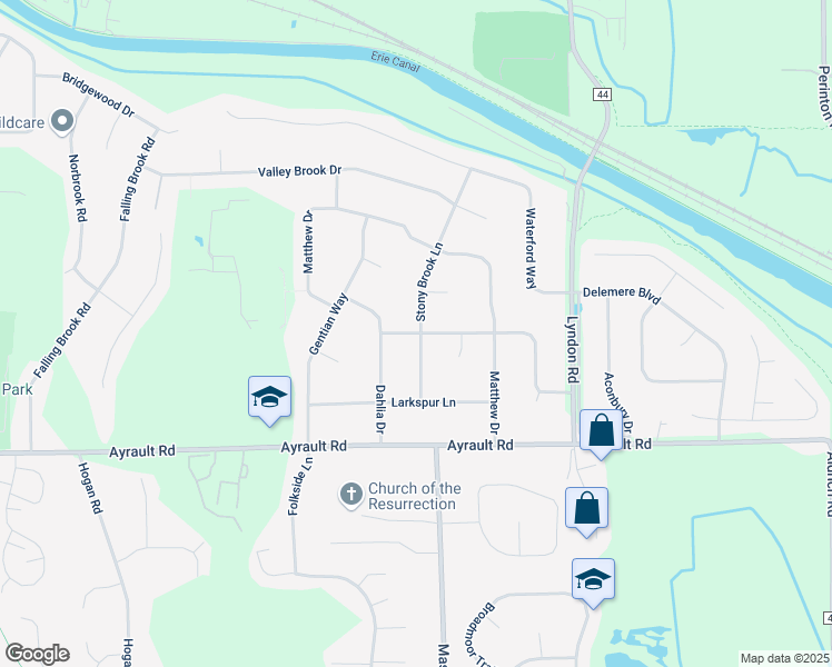 map of restaurants, bars, coffee shops, grocery stores, and more near 54 Rolling Hill Drive in Fairport