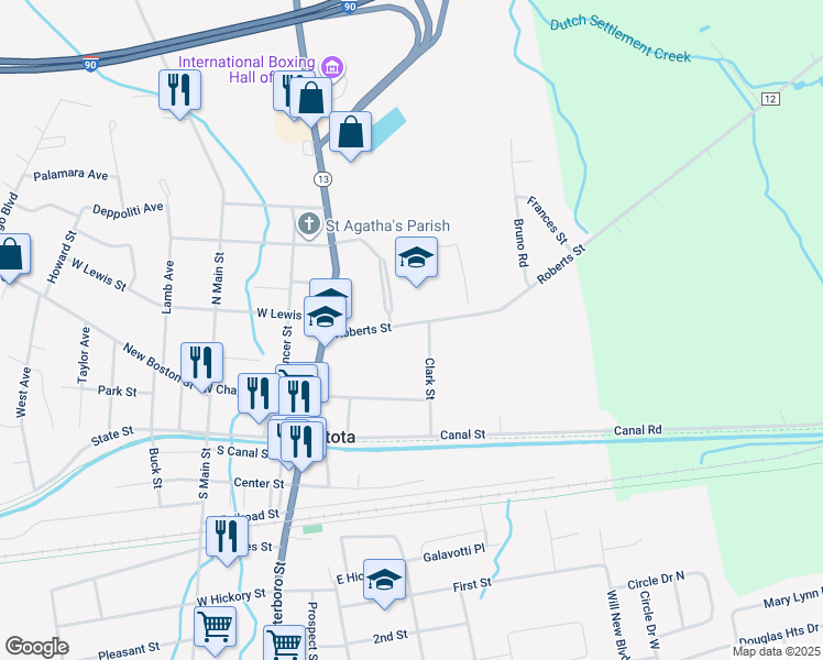 map of restaurants, bars, coffee shops, grocery stores, and more near 211 Roberts Street in Canastota