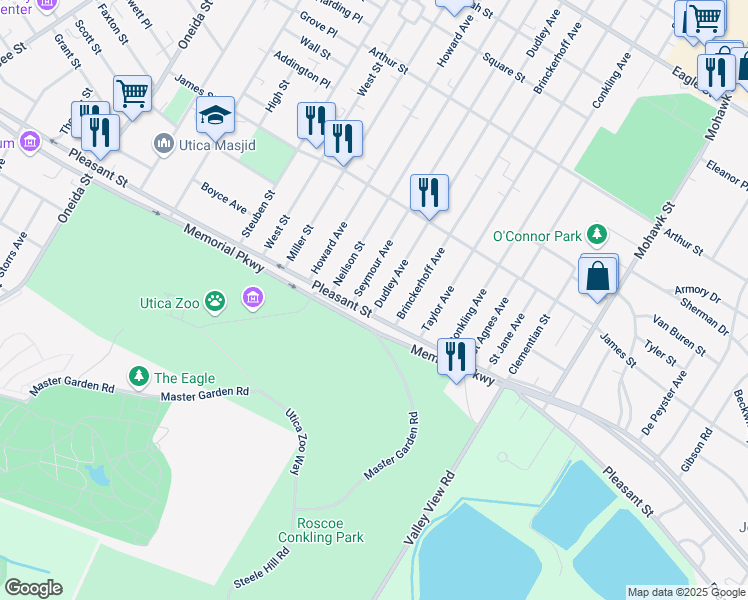 map of restaurants, bars, coffee shops, grocery stores, and more near 1683 Seymour Avenue in Utica