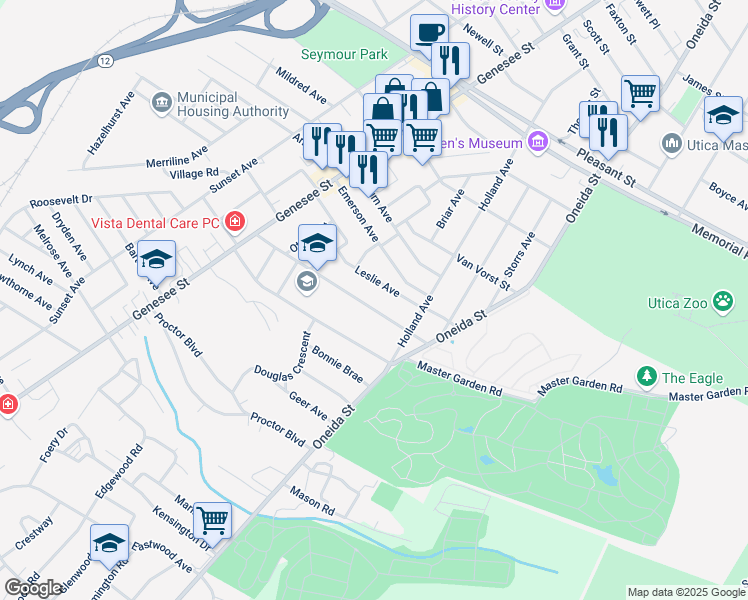 map of restaurants, bars, coffee shops, grocery stores, and more near 43 Leslie Avenue in Utica