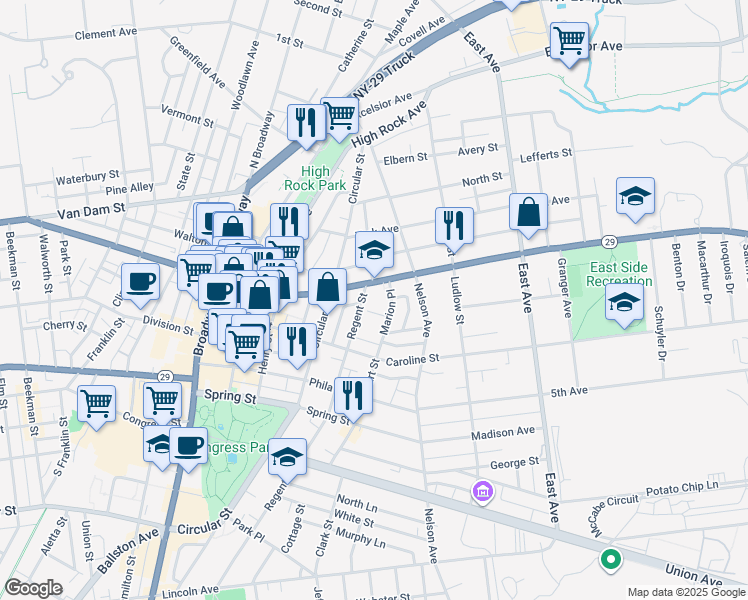 map of restaurants, bars, coffee shops, grocery stores, and more near 126 Lake Avenue in Saratoga Springs
