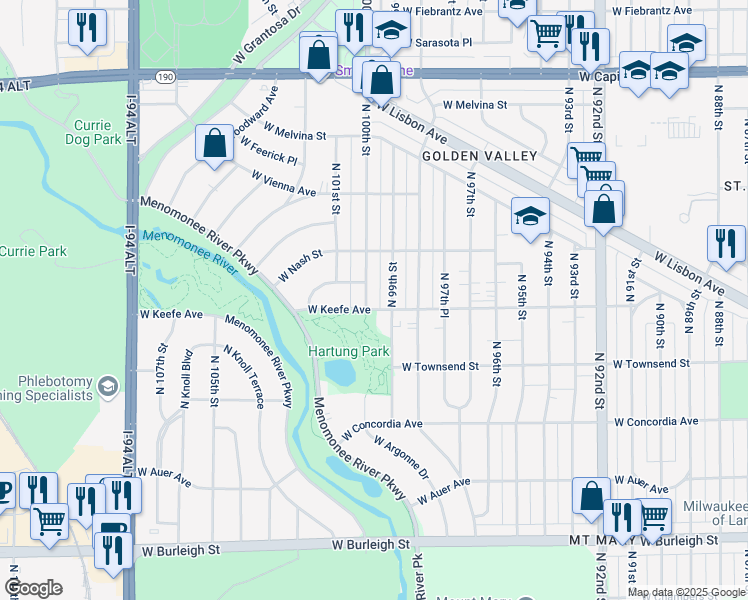 map of restaurants, bars, coffee shops, grocery stores, and more near 10009 West Highwood Avenue in Milwaukee