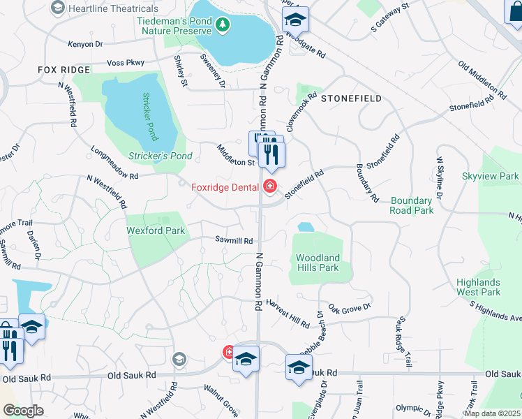 map of restaurants, bars, coffee shops, grocery stores, and more near 1001 North Gammon Road in Madison