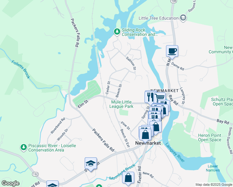 map of restaurants, bars, coffee shops, grocery stores, and more near 19 Beech Street in Newmarket