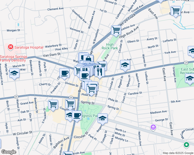 map of restaurants, bars, coffee shops, grocery stores, and more near 63 High Rock Avenue in Saratoga Springs