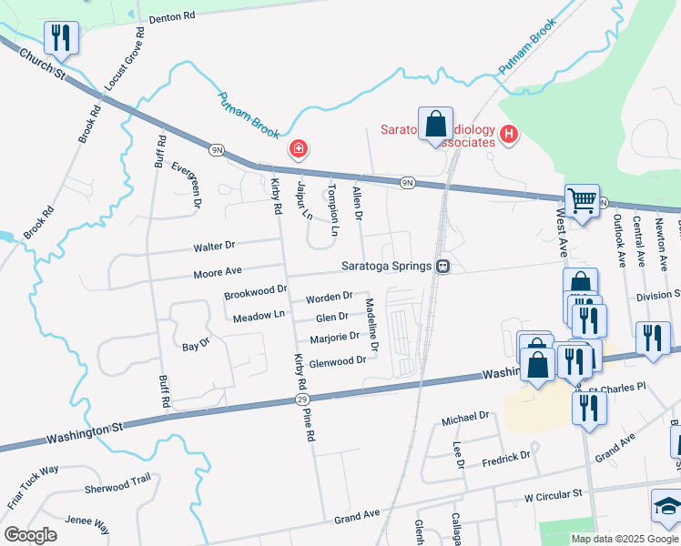 map of restaurants, bars, coffee shops, grocery stores, and more near 23 Allen Drive in Saratoga Springs