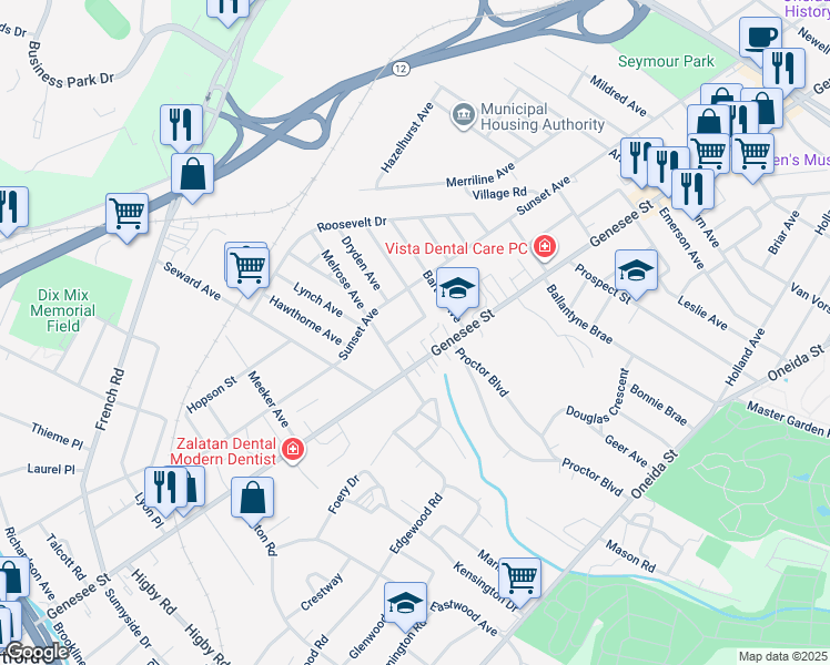 map of restaurants, bars, coffee shops, grocery stores, and more near 7 Fairfax Place in Utica